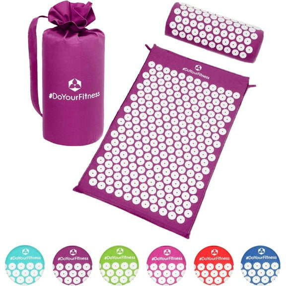 Acupressure Mat and Pillow Set with a Vinyl Carry Bag for Storage, Back and Neck Pain Relief, Purple