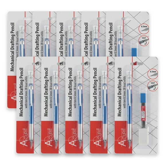 Acurit 0.5 mm Drafting Pencil with Pack of 2B Refill Leads - Value Pack of 10 - Drawing Mechanical Pencils for Artists, Drafters, and Engineers - Metal Threaded Anti-Skid Grip, Lead Grade Indicator