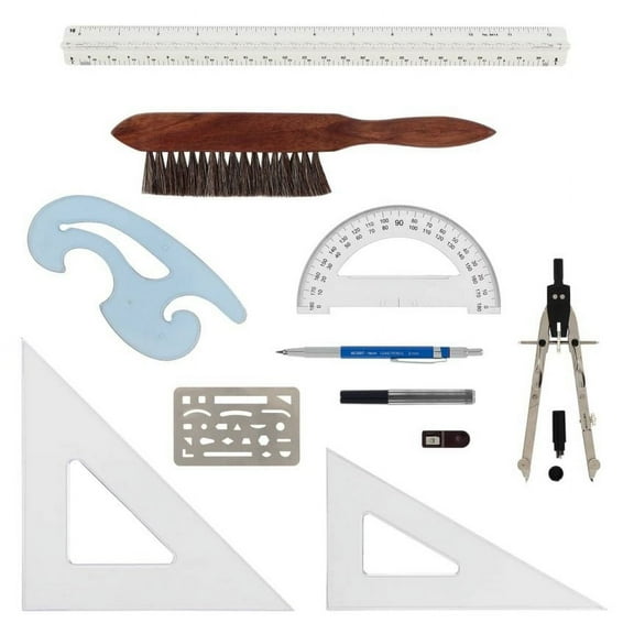 Acurit Drafting Tools Architect Set, 10 Piece Drafting Kit for Architects & Artists: Protractor, Compass, Architect's Scale, 2mm Pencil, Eraser Shield, Triangles, French Curve, Brush