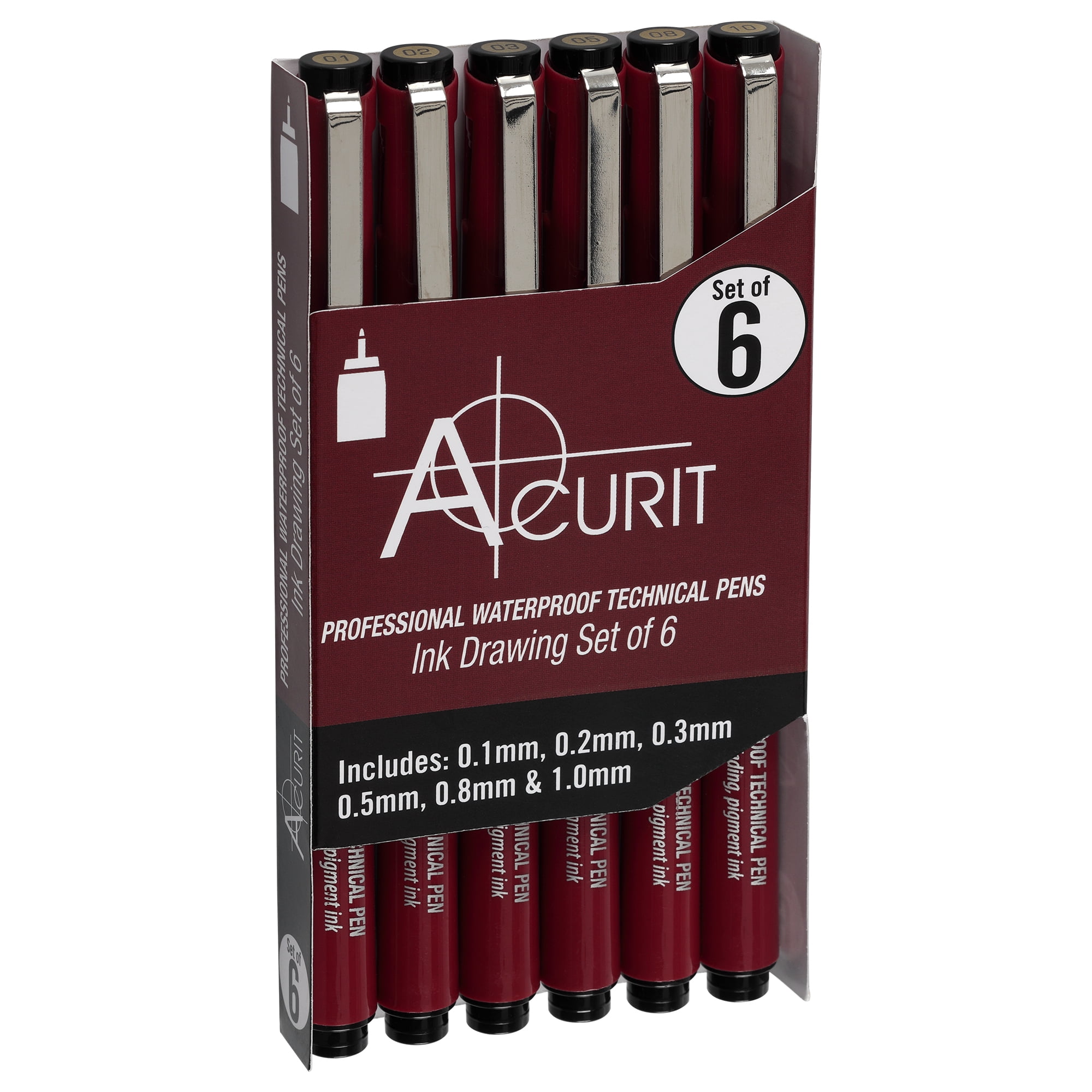 Acurit Waterproof Technical Drawing Pens - 6-Pack Assorted Sizes (0.1mm To 1.0mm), Acid-Free Ink