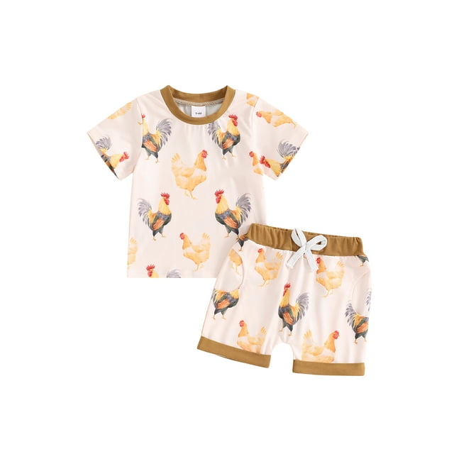 Acuteok Baby Boy 2 Piece Summer Outfit, Rooster Print Round Neck Short
