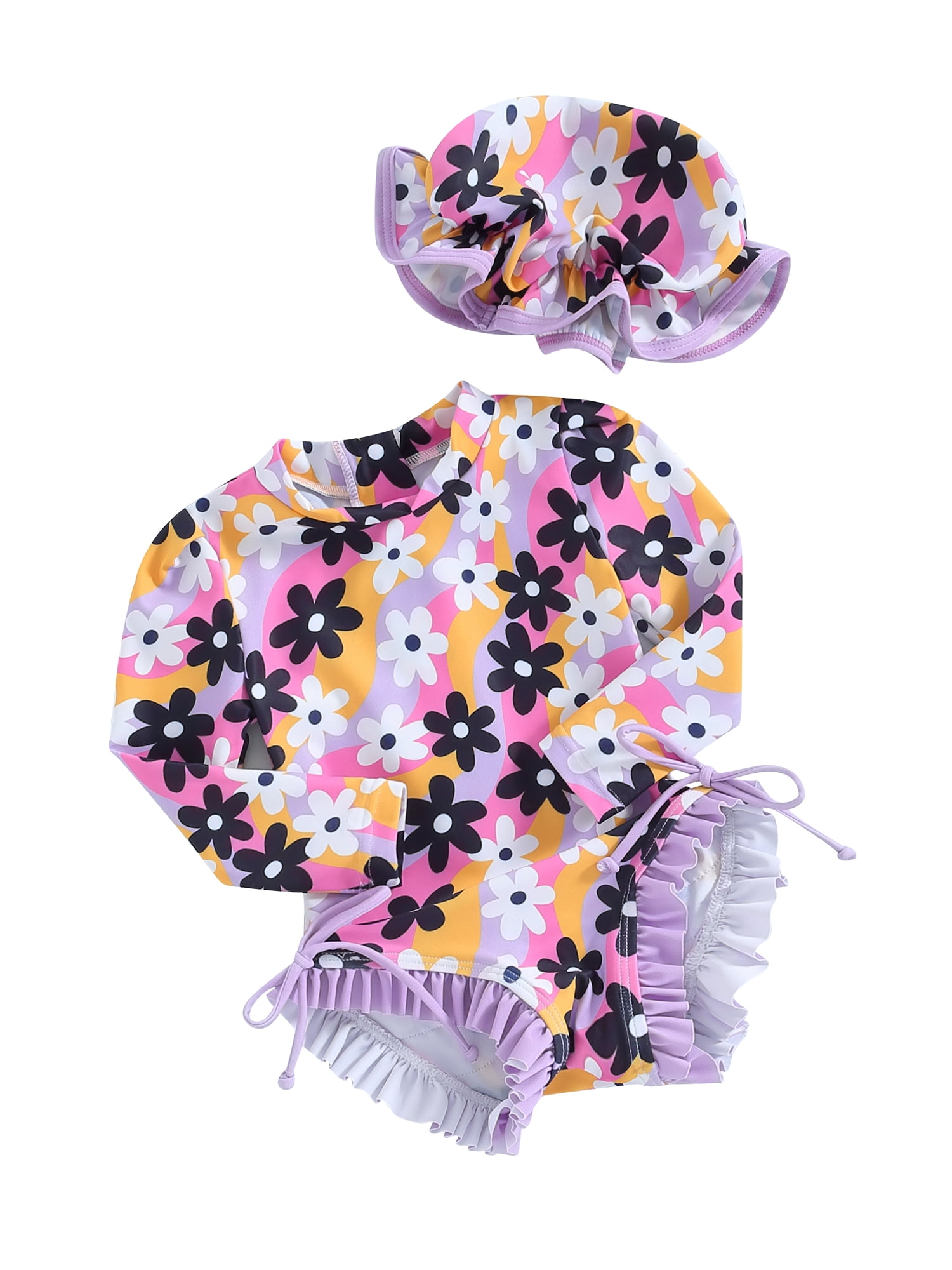 Acuteok Baby Girl Rash Guard Swimsuit Long Sleeve Floral/Ice Cream