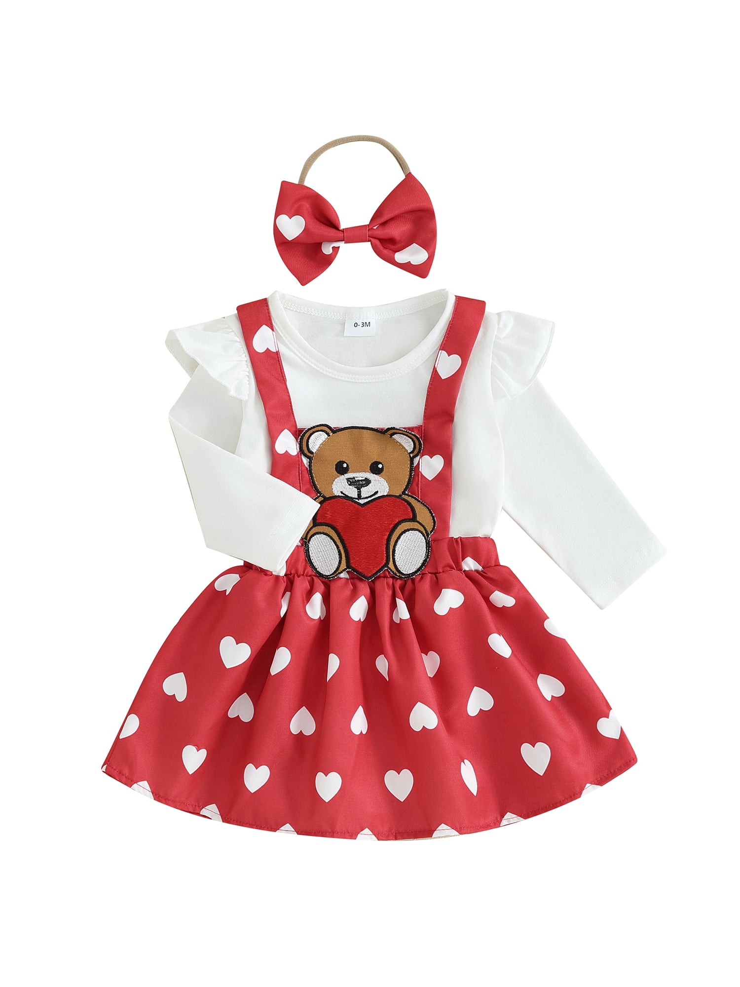 Acuteok Baby Girls Skirt Set, Long Sleeve Romper Bear Heart Suspender Skirt Bow Headband Fall