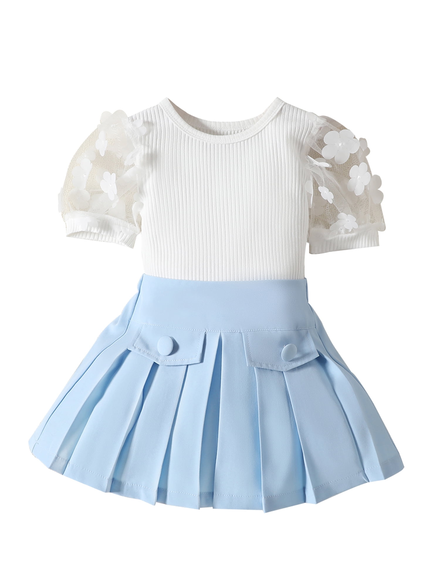 Acuteok Baby Girls Two Piece Outfits Flower Mesh Short Sleeve Tops and