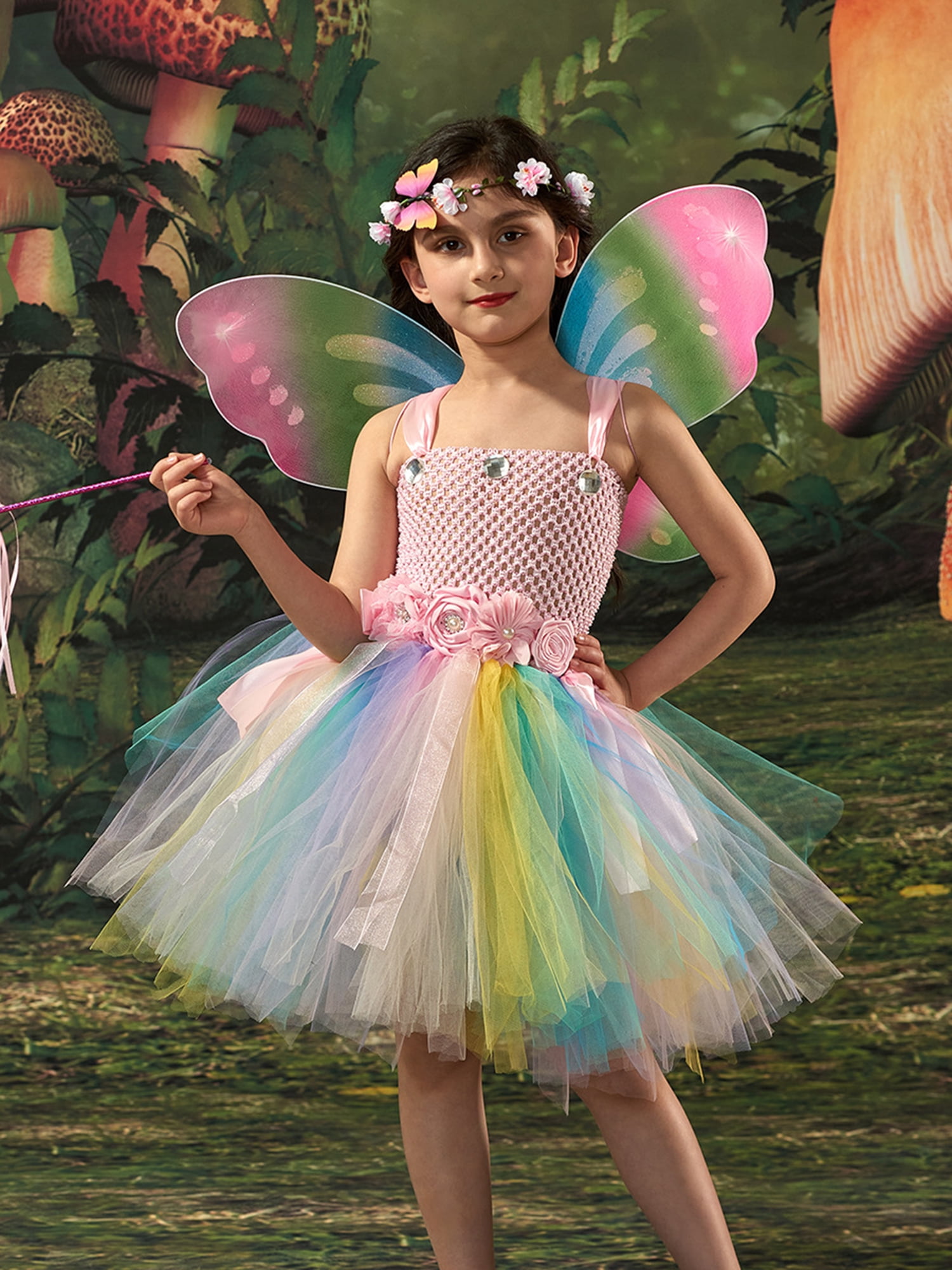 Acuteok Butterfly Fairy Cosplay Costume for Girls, Colorful Tulle Tutu ...