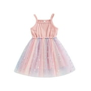 Acuteok Children Girl Summer Dresses Pink Stitched Heart Print Mesh Cute Suspender Dress Birthday Gifts