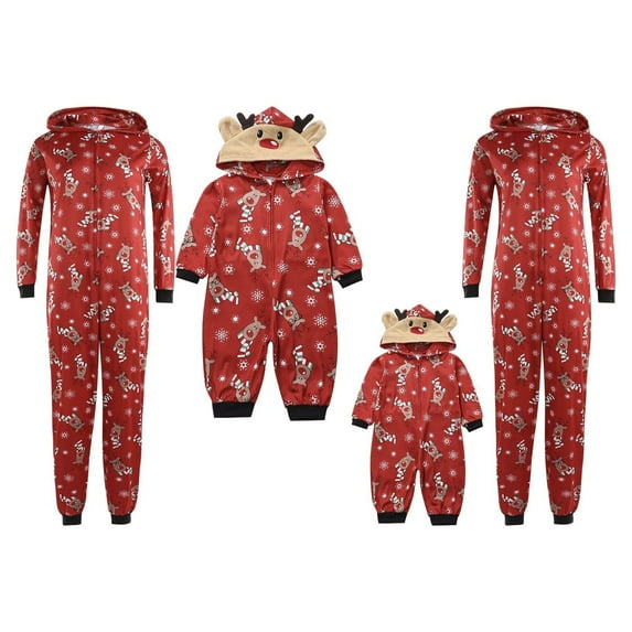 Acuteok Christmas Family Matching Jumpsuit Pajamas One-Piece Mom Dad Kids Deer Hoodie Romper
