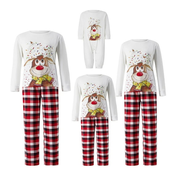 Acuteok Christmas Parent-child Outfit Leisure Wear, Cartoon Elk Plaid Printing Long Sleeve Round Collar Sleepwear for Mom/Dad/Kid/Baby
