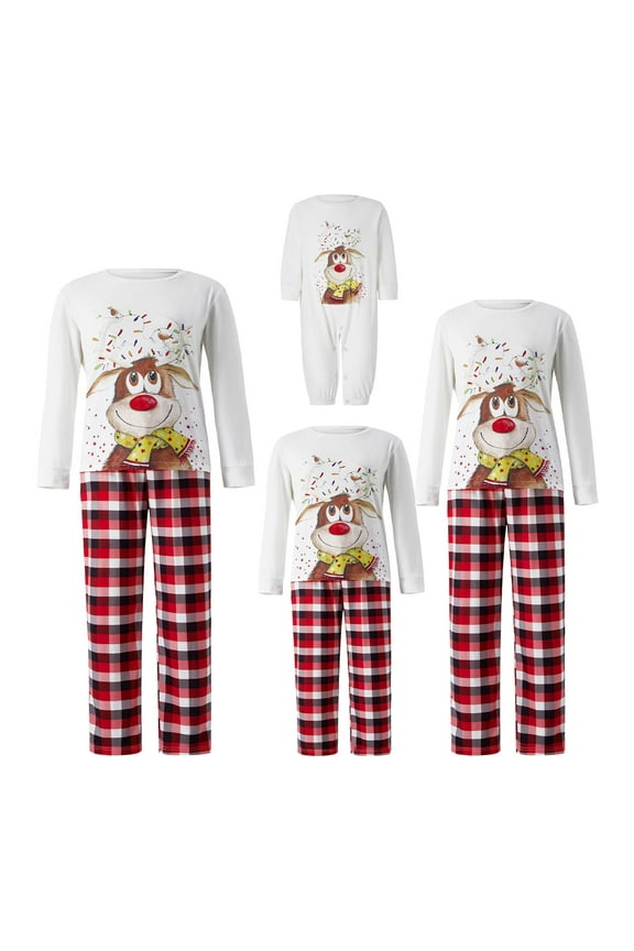 Christmas Parent-child Outfit Leisure Wear, Cartoon Elk Plaid Printing Long Sleeve Round Collar Sleepwear for Mom/Dad/Kid/Baby