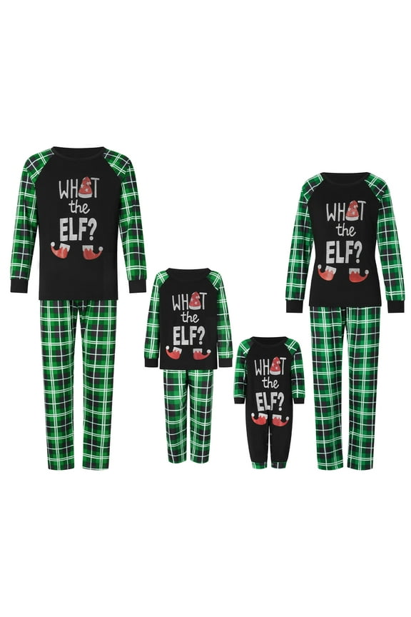 Family Matching Christmas Pajamas, Elf Letter Print Long-Sleeved Tops + Plaid Pattern Trousers Glow at Night Sleepwear