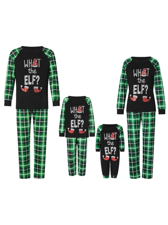 Family Matching Christmas Pajamas, Elf Letter Print Long-Sleeved Tops + Plaid Pattern Trousers Glow at Night Sleepwear