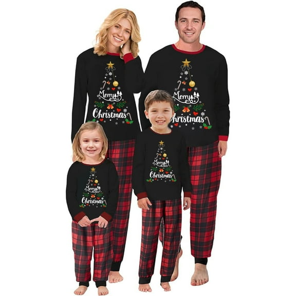 Acuteok Family Matching Christmas Pajamas, Letter Snowflake Print Long-Sleeved Tops Plaid Trousers Sleepwear Outfits