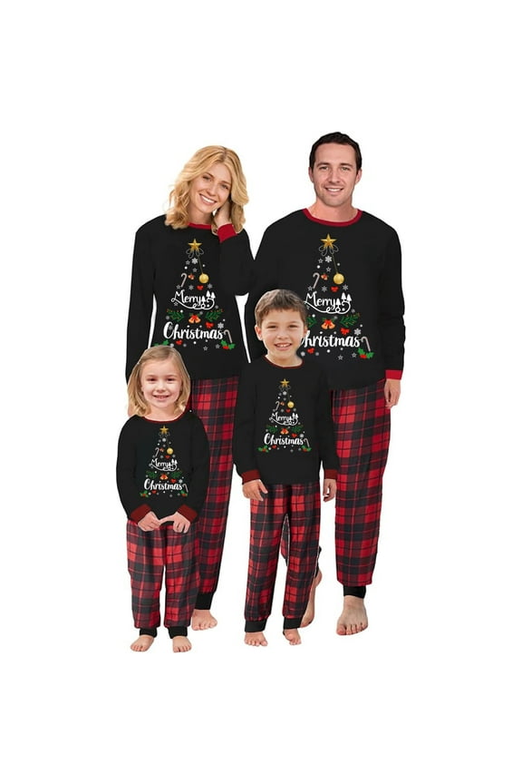 Family Matching Christmas Pajamas, Letter Snowflake Print Long-Sleeved Tops + Plaid Trousers Sleepwear Outfits