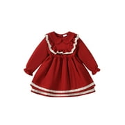 Acuteok Girls Christmas Dress Kids Lace Trim Long Sleeve Pan Collar Mini Dress Cute Round Neck Ruched Dress