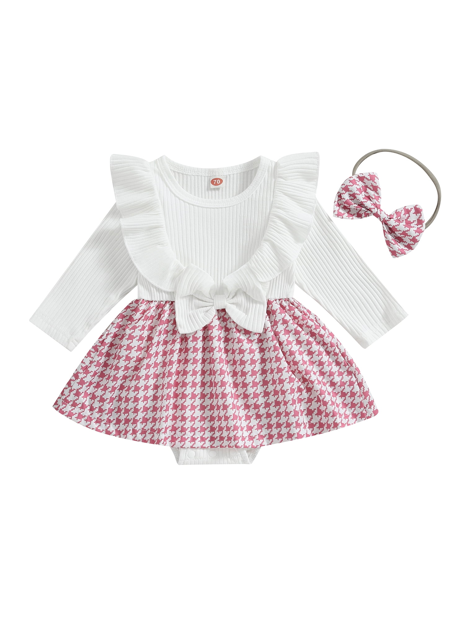 Acuteok Infant Girl Rompers Dress Long Sleeve Rib Knit Houndstooth