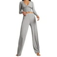 thumbnail image 1 of Acuteok Women Pants Suit, Elegant Long Sleeve V Neck T-shirt with Elastic Waist Wide Leg Pants Casual Outfit, 1 of 8