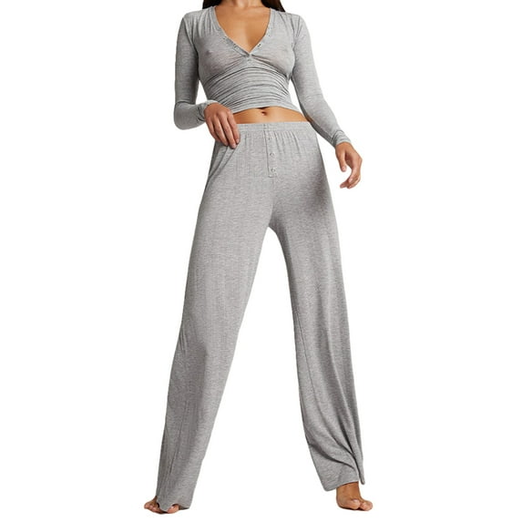 Acuteok Women Pants Suit, Elegant Long Sleeve V Neck T-shirt with Elastic Waist Wide Leg Pants Casual Outfit