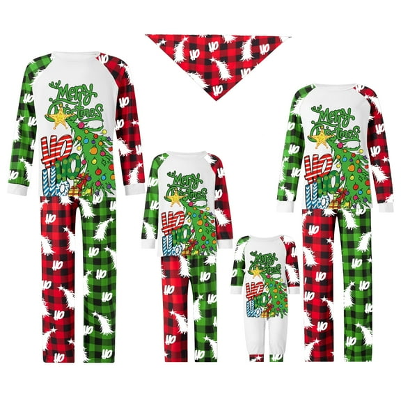 Acuteok (child)Christmas Family Pajamas Matching Set, Long Sleeve Tree Letters Print T-shirt with Plaid Pants Sleepwear Loungewear