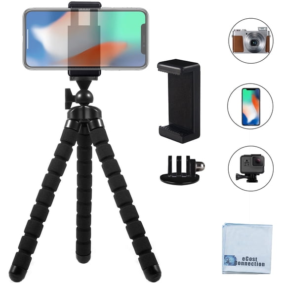 Acuvar 10” inch Flexible Tripod with Quick Release + Universal Mount for All Smartphones + Mount for GoPro Cameras + an eCostConnection Microfiber Cloth
