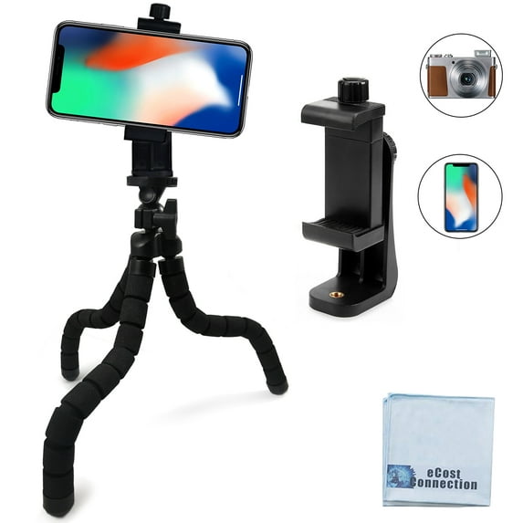 Acuvar 10" inch Flexible Tripod with Quick Release + Universal Rotating Mount for All Smartphones + an eCostConnection Microfiber Cloth
