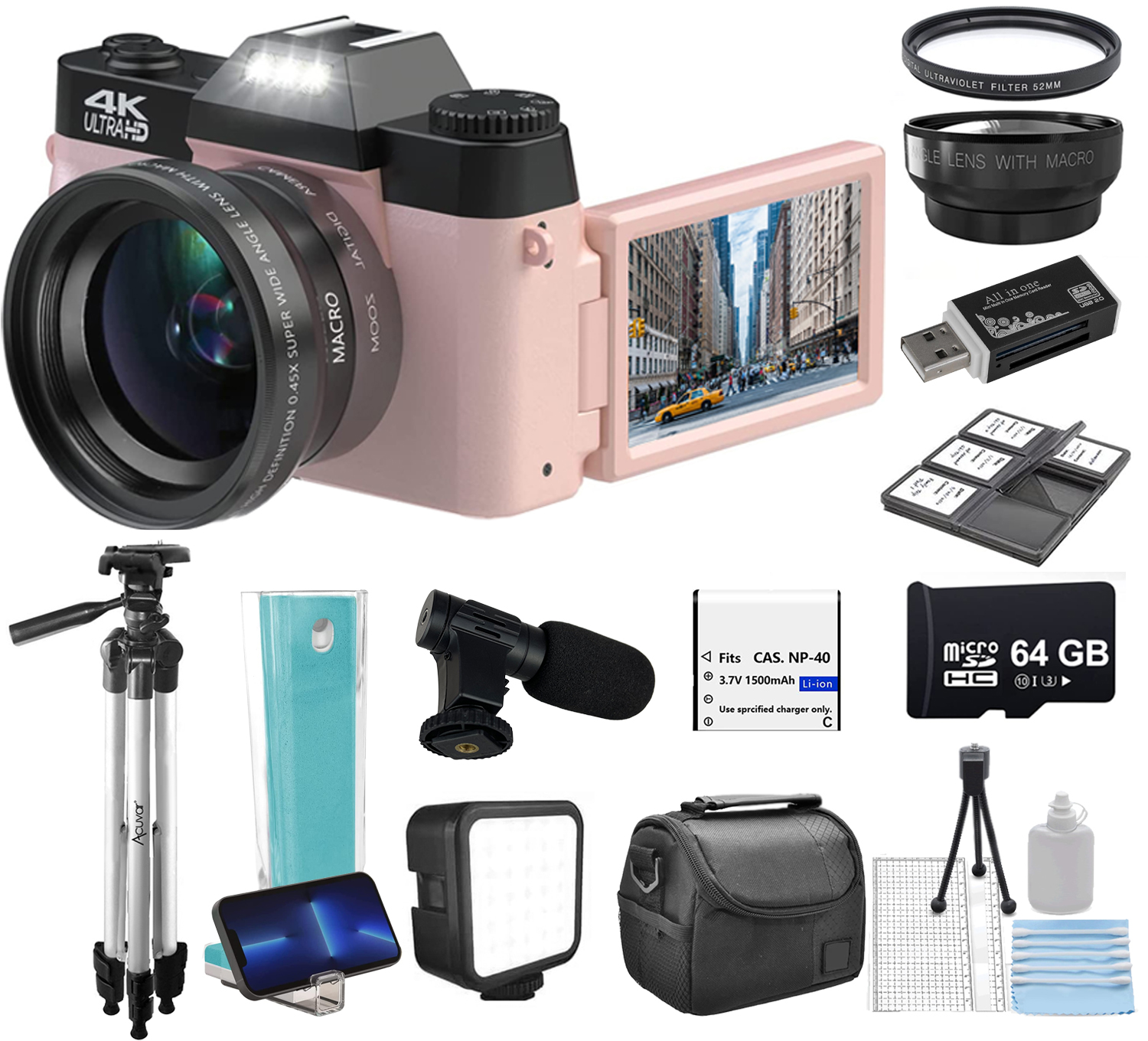 Acuvar 4K 48MP Digital Camera Kit for Photography, Vlogging Camera for YouTube with Flip Screen, WiFi, Wide Angle & Macro Lens, 64GB Micro SD Card, 50" Tripod, Case, Card Reader, Microphone, LED - image 1 of 9