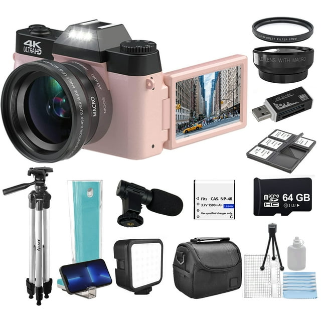Acuvar 4K 48MP Digital Camera Kit for Photography, Vlogging Camera for YouTube with Flip Screen, WiFi, Wide Angle & Macro Lens, 64GB Micro SD Card, 50" Tripod, Case, Card Reader, Microphone, LED