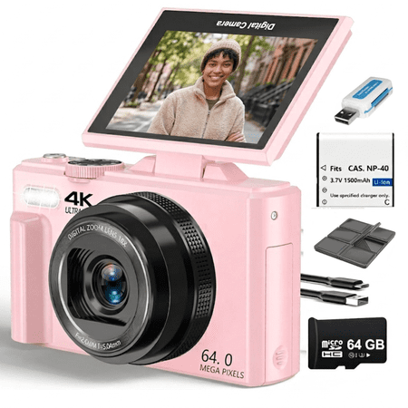 Acuvar 4K Digital Camera 64MP with Flip Screen, WiFi compact Vlogging Camera with 64GB card, pink