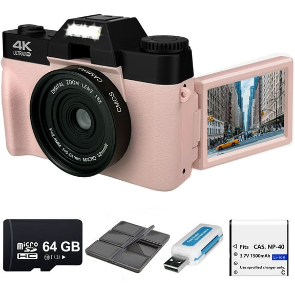 Acuvar 4K 48MP Digital Camera for Photography, Vlogging Camera for YouTube with 3’’ 180° Flip Screen, WiFi, 16X Zoom, Rechargeable Battery, 64GB Micro SD Card, 6 PC Card Holder, USB Card Reader (Pink)
