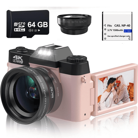 Acuvar 4K 56MP Digital Camera for Photography, Vlogging Camera for YouTube with 3.0’’ 180° Flip Screen, WiFi, 16X Digital Zoom, Wide Angle & Macro Lens, Rechargeable Battery, 64GB Micro SD Card (Pink)