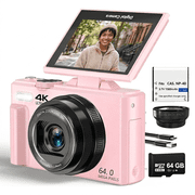 Acuvar 4K Digital Camera 64MP with Flip Screen, WiFi compact Vlogging Camera with Wide Angle Lens and 64GB card