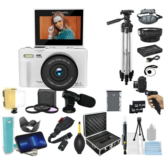 Acuvar 4K 64MP Digital Camera Kit for Photography, Vlogging for YouTube with Flip Up Screen, 18x Zoom, Wide Angle Lens, Filters, 2X 64GB SD, 50", 6" Tripods, Hard Case, Card Reader, Mic & More
