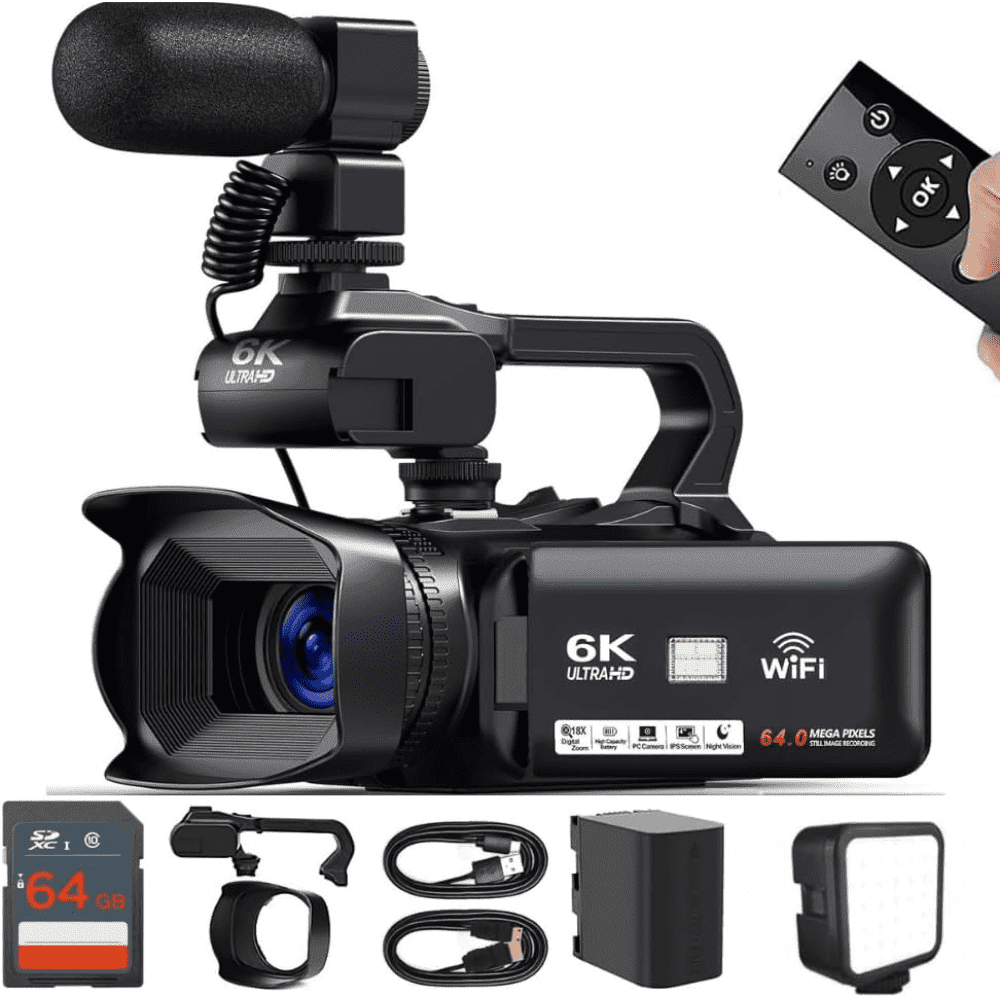 Acuvar 6K Camcorder Video Camera – 64MP 60FPS Vlogging Camera for YouTube, WiFi, LED Light, Mic, 64GB SD Card – Live Stream Webcam
