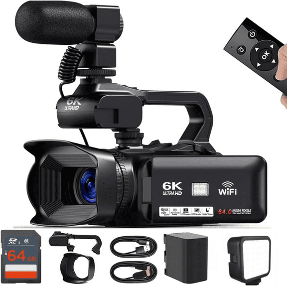 Acuvar 6K HD Camcorder Video Camera, 64MP 60FPS Camcorder Video Camera 6K with Mic, WiFi, LED Light, 64GB SD Card, Battery, Live Stream Webcam