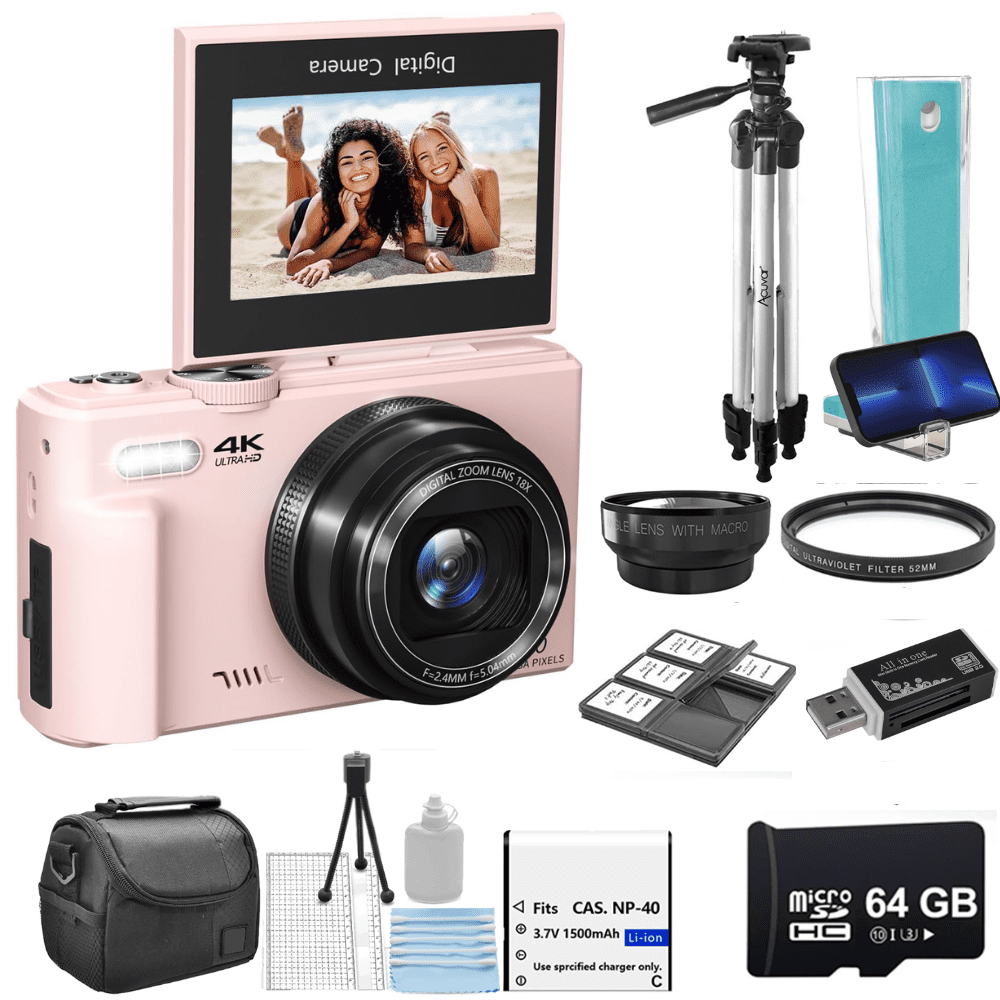 Acuvar 4K Digital Camera 64MP Creator Kit with Flip Screen, WiFi, 50" tripod, lens and 64GB card