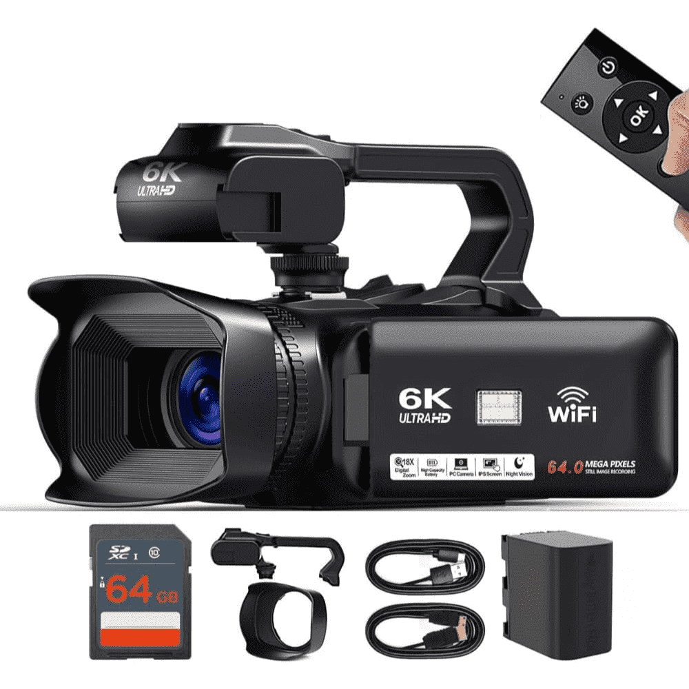 Acuvar 6K HD 64MP Video Camera Camcorder for Youtube 60FPS WiFi Vlogging 18X Digital Camera With, Battery, Built in Mic, LED Light, Webcam, Stabilizer Grip, 64GB SD Card, Remote Control, Card Reader