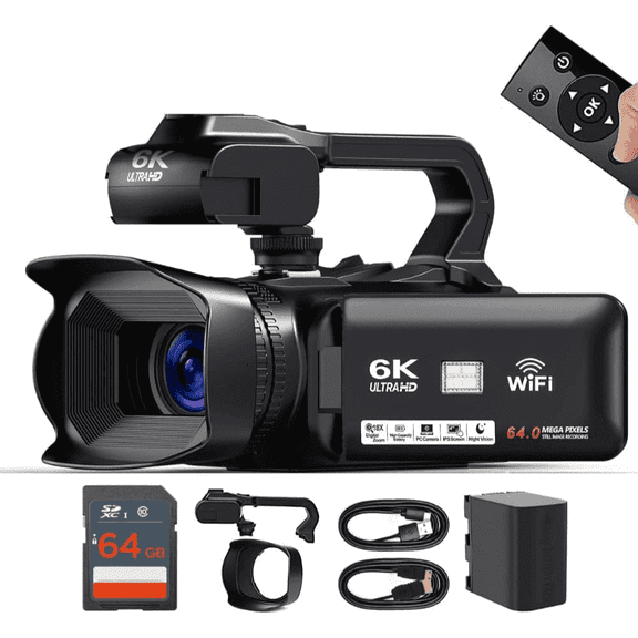 Acuvar 6K HD 64MP Video Camera Camcorder for Youtube 60FPS WiFi Vlogging 18X Digital Camera With, Battery, Built in Mic, LED Light, Webcam, Stabilizer Grip, 64GB SD Card, Remote Control, Card Reader