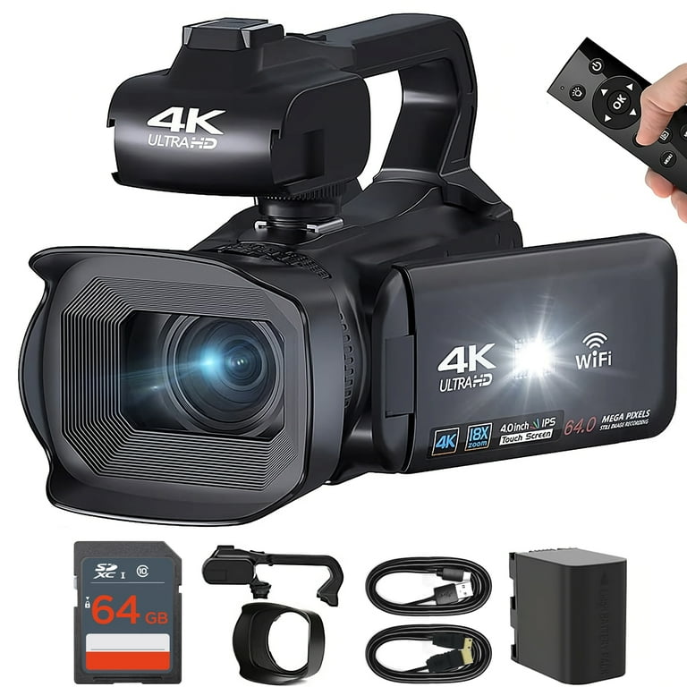 Acuvar 4K HD 64MP Video Camera Camcorder for Youtube 60FPS WiFi Vlogging 18X Digital Camera With Battery Built in Mic LED Light Webcam Stabilizer
