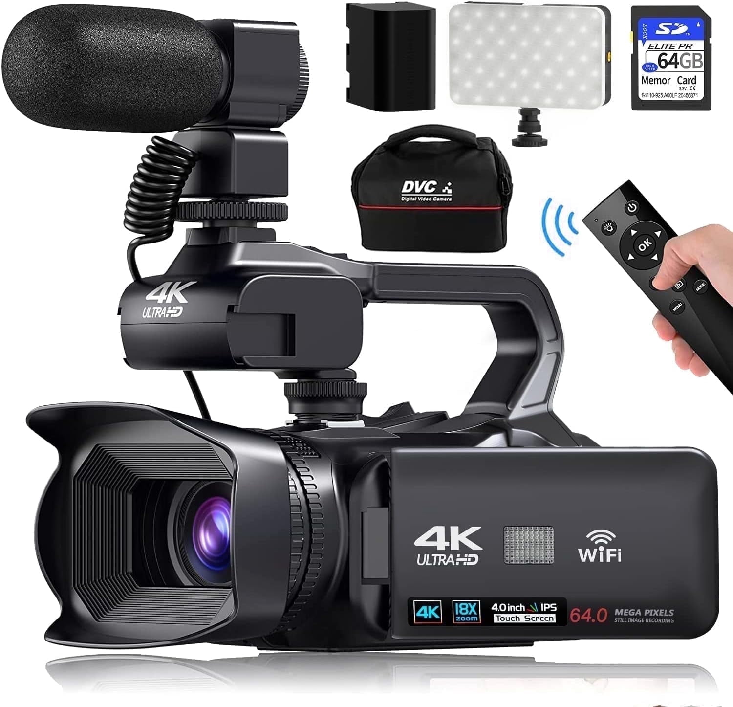 Acuvar 6K Video Camera Camcorder, 64MP 60FPS Vlogging Camera for YouTube, 4.0 Inch Touchscreen Video Recorder, HD WiFi Video Camera with 4500mAh Battery, 64G SD Card, Stabilizer, Mic, 100 LED Light