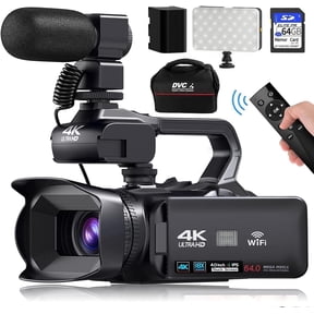 Acuvar 6K Video Camera Camcorder, 64MP 60FPS Vlogging Camera for YouTube, 4.0 Inch Touchscreen Video Recorder, HD WiFi Video Camera with 4500mAh Battery, 64G SD Card, Stabilizer, Mic, 100 LED Light