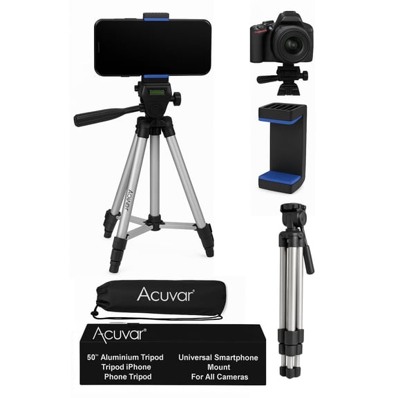 Acuvar 50" Aluminum Tripod for i-Phone Camera & Camcorder with Phone Holder, Phone Stand to Fit All Phones, i-Phone & All Samsung Galaxy Android & Nikon Canon Sony Olympus Fuji Cameras with Travel Ca