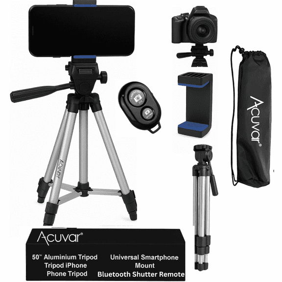Acuvar 50" Inch Aluminum Camera Tripod with Universal Smartphone Mount + Bluetooth Wireless Remote Control Camera Shutter For all Phone, and Most Smartphones