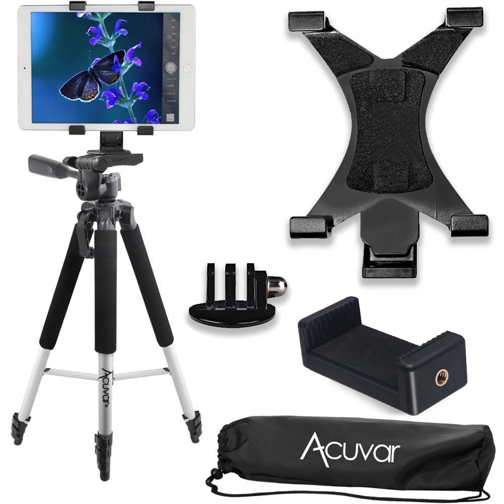 Acuvar 57" inch Pro Series Tripod, Acuvar Tablet Mount + Universal Smartphone Mount + Tripod Mount for all GoPro Cameras