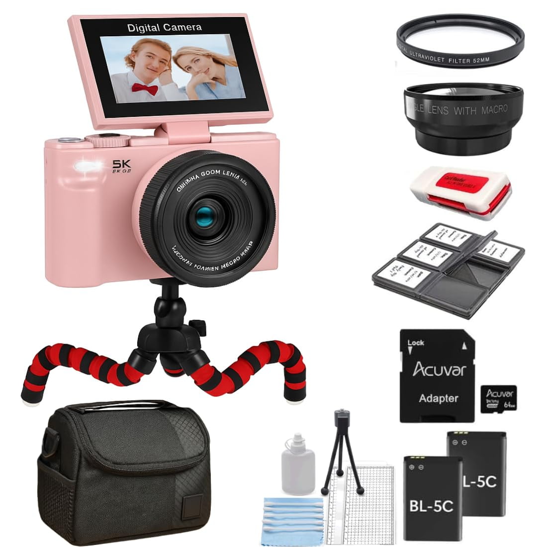 Acuvar 5K 75MP HD Digital Camera for Photography Vlogging Camera for YouTube 180° Flip Screen 18X Zoom Video Camera with WiFi 64GB SD Card Tripod Case Card Reader Macro Wide Angle Lens UV Filter Pink