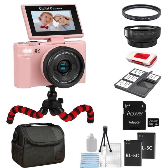 Acuvar 5K 75MP HD Digital Camera for Photography Vlogging Camera for YouTube 180 Flip Screen 18X Zoom Video Camera with WiFi 64GB SD Card Tripod Case Card Reader Macro Wide Angle Lens UV Filter