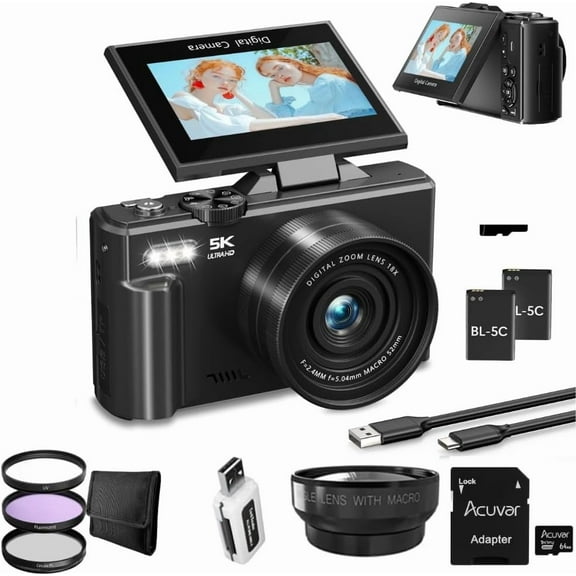 Acuvar 5K Digital Camera for Photography – 75MP Vlogging Camera with WiFi, Autofocus, 3" Flip Screen, 18X Zoom – Compact Camera for YouTube - Wide Angle Lens, 64GB SD Card, Battery, Card Reader