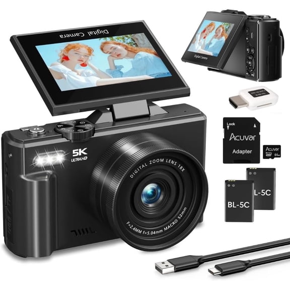 Acuvar 5K Digital Camera for Photography & Video – 75MP UHD Vlogging Camera with WiFi, Autofocus, 3" Flip Screen, 18X Zoom – Compact Travel Camera for YouTube with 64GB SD Card, Battery & Card Reader