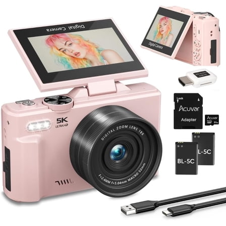 Acuvar 5K Digital Camera for Photography & Video – 75MP UHD Vlogging Camera with WiFi, Autofocus, 3" Flip Screen, 18X Zoom – Compact Travel Camera for YouTube with 64GB SD Card, Battery & Card Reader