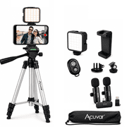 Acuvar Vlogging Kit For iPhone Android And Cameras With Wireless Microphone, 50 Inch Tripod, LED Light And Remote For Streaming And Content Creation