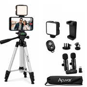 Acuvar Vlogging Kit For iPhone Android And Cameras With Wireless Microphone, 50 Inch Tripod, LED Light And Remote For Streaming And Content Creation
