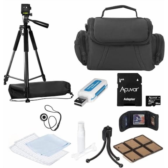 Acuvar Camera Accessory Bundle Kit with 60" Tripod, Carrying Case & 64GB Card – 10 Piece Starter Kit for Digital Cameras
